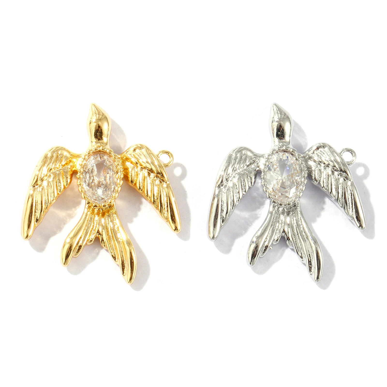 2 Pcs Brass Charms Gold Plated Swallow Bird Clear Cubic Zirconia Pendants For DIY Necklace Jewelry Making Findings 21mm x 18mm