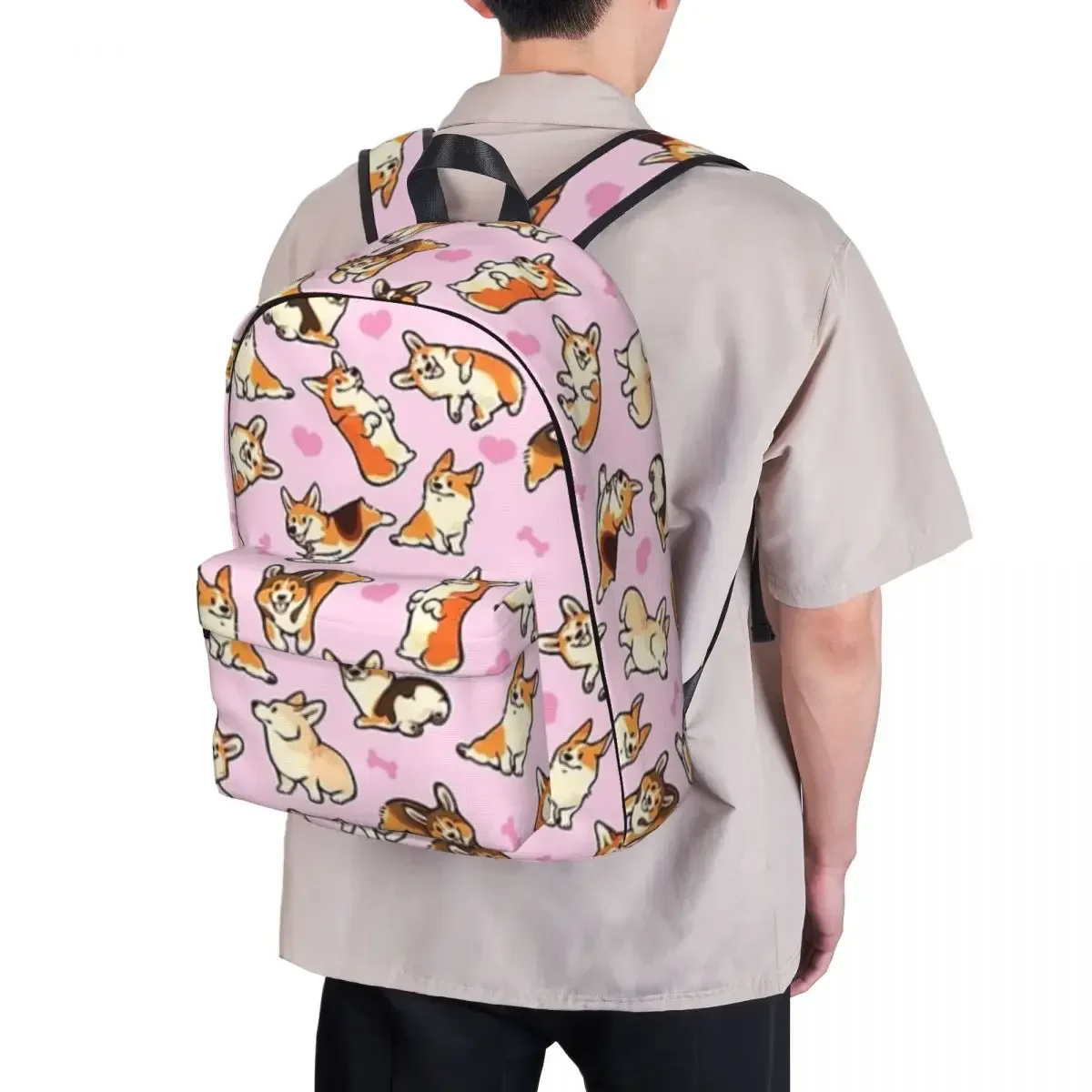حقيبة ظهر Lovey Corgis باللون الوردي مقاومة للماء حقيبة مدرسية للطلاب حقيبة كمبيوتر محمول حقيبة ظهر للسفر حقيبة كتب ذات سعة كبيرة