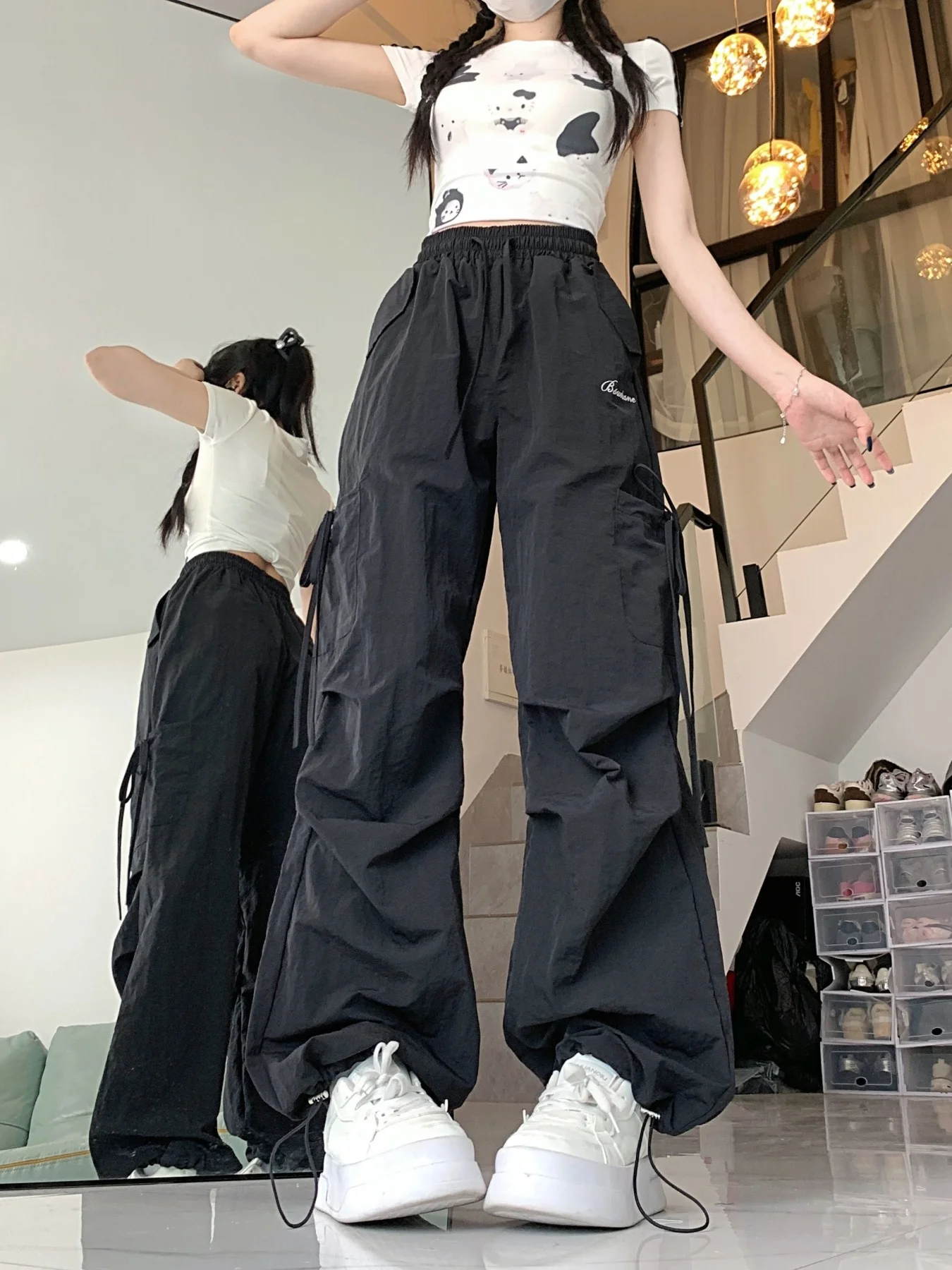 여성용 아메리칸 스타일 캐주얼 조거 팬츠, 새로운 봄, 가을 하이웨이스트 블랙 스트레이트 레그 얇은 캐주얼 루즈 레이지 다용도 와이드 레그 팬츠