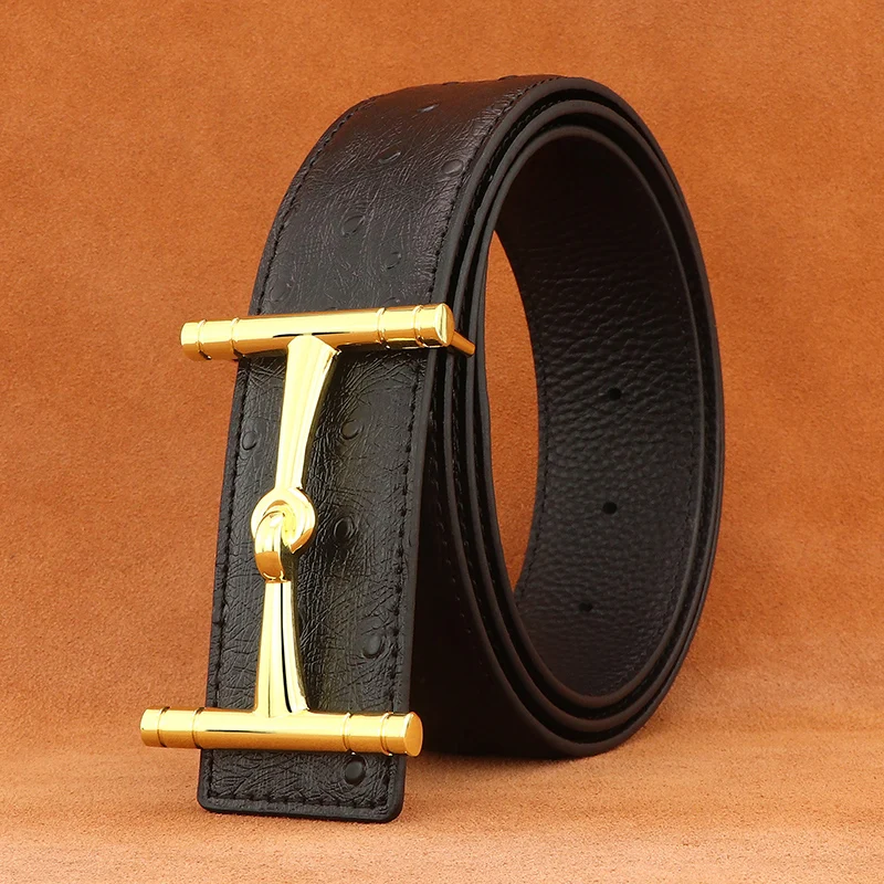 

High Quality Designer 3.8cm Wide Knot Slide Buckle Belts Men Genuine Leather Ostrich Pattern Young Men Jeans Ceinture Homme Gray