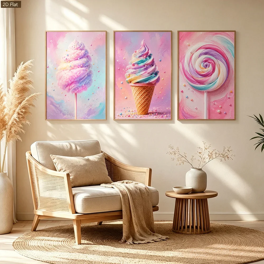 2D Flat 3pcs frameless ,   Dream Gradient Candy Decorative Painting, Healing Macaron Color Dessert Themed Wall Art, Ins Style Wa
