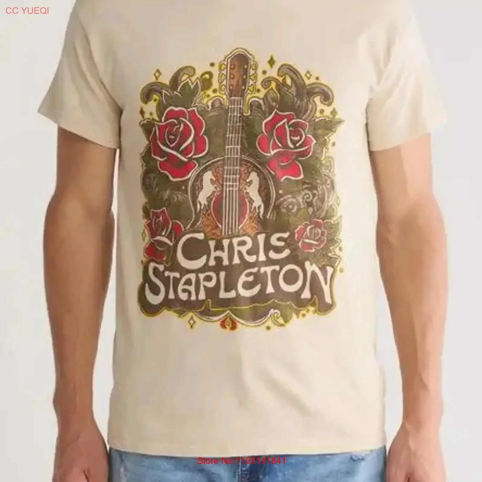 CHRIS STAPLETON Sand Tan Rose Guitar 100 Cotton T Shirt NEW Small vintage Washed Soft Unisex Top For Everyday Wear Breathable