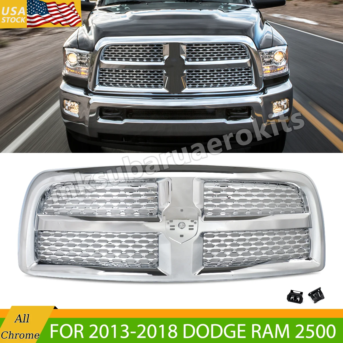 

Chrome Grille Assembly For 2013-2018 Dodge RAM 2500 3500 HD Laramie Big Horn R/T SLT ST Front Bumper Upper Grills Magickit