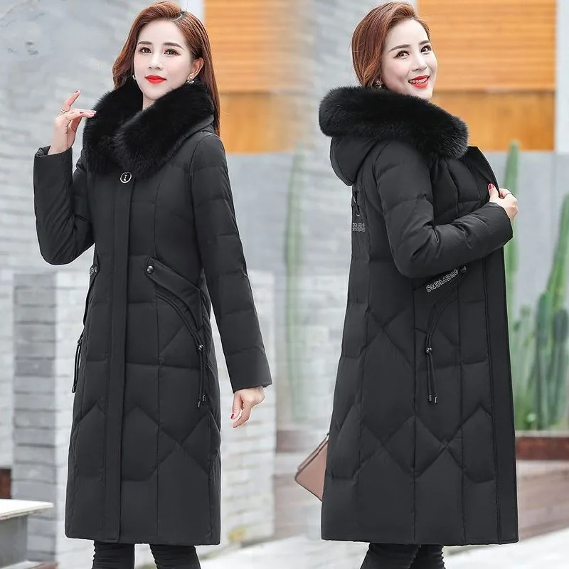 2023 Winter New Down Cotton Coat Female Embroidery Long Knee Length Cotton Jacket Slim Fit Quilted Coat