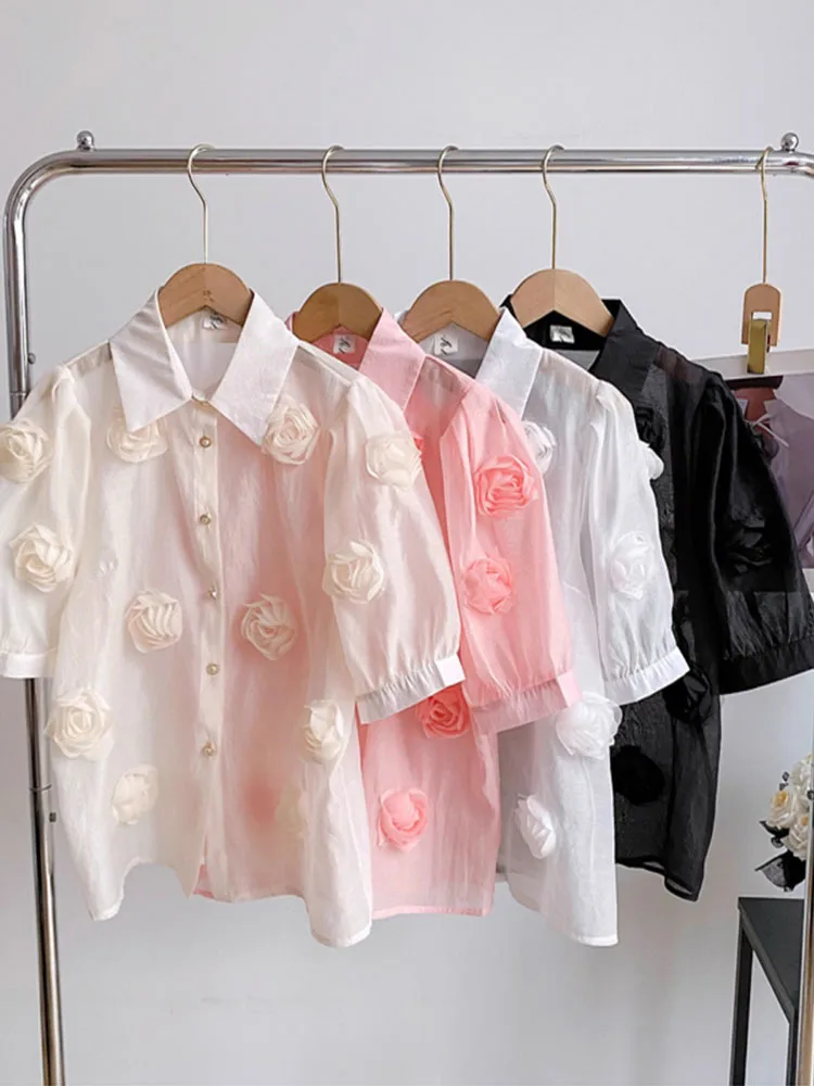 Women Vintage Sweet Three-dimensional Blouse Flower Lapel Puff Sleeve Lightweight Loose Shirts Spring Summer 2024