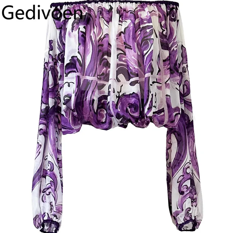 

Gedivoen 2025 Summer Purple Silk Elasticated V-Neck Silk Violet Lavender Print Long-Sleeved Sunscreen Shirt