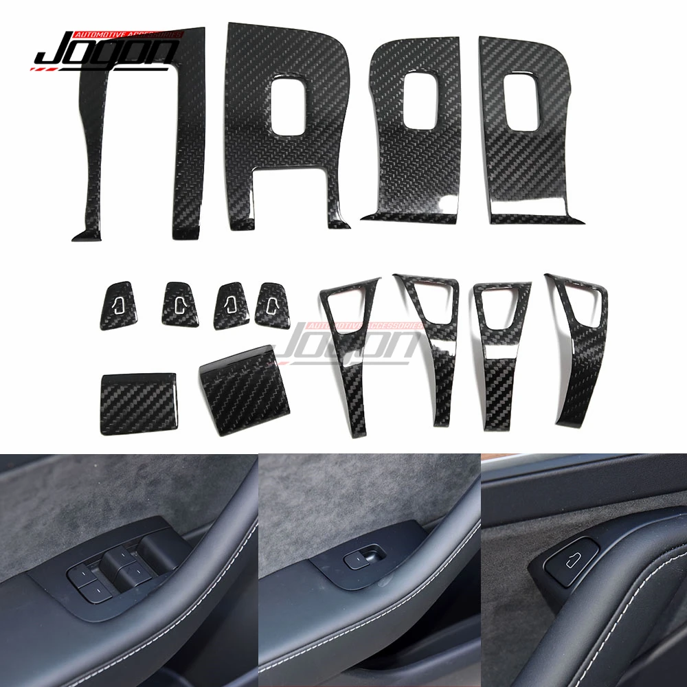 

LHD 14Pcs Carbon Fiber For Tesla Model 3 Y 2017-2022 Car Interior Door Window Control Panel Button Switch Frame Cover Trim