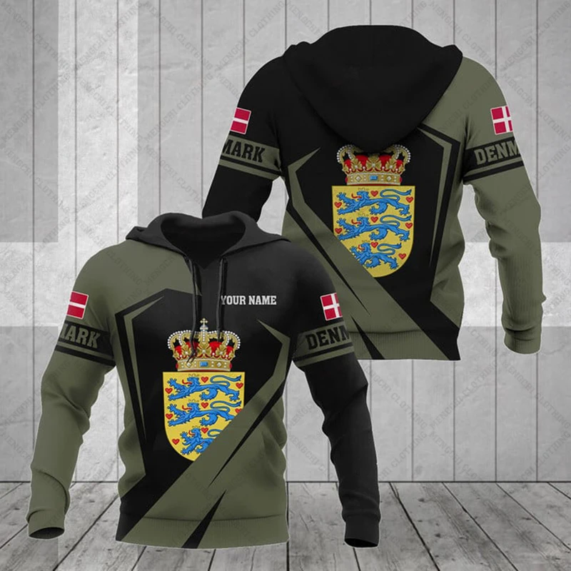 Benutzerdefinierte Name Dänemark Flagge ArmyGreen Grafik Hoodies Herbst Unisex Casual Langarm Tops Übergroßen Jungen und Mädchen Pullover