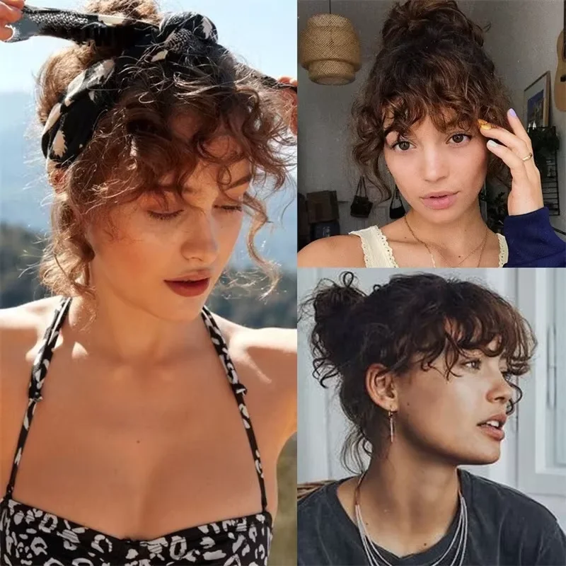 Synthetische lockige Haar-Pony-Clip-in-Haarverlängerung, Wolle, Locken, gefälschter Pony, Clip, lockig, vorne, Fransen-Haarverlängerung für Frauen – Detail 9
