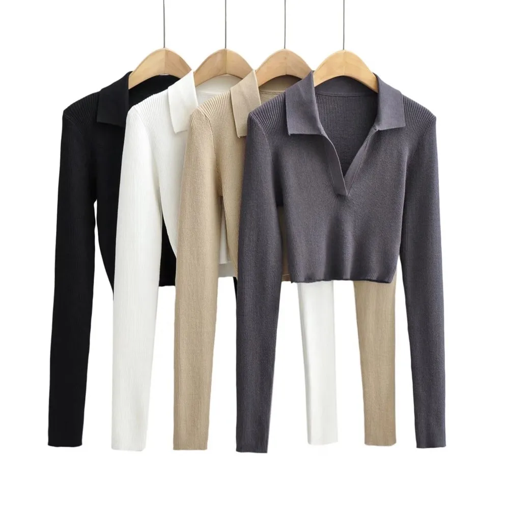 Top Corto de Punto con Cuello , Ajustado y Sexy, Cseta de Manga Larga para Mujer Moderna, Estilo Casual de Negocios, T...