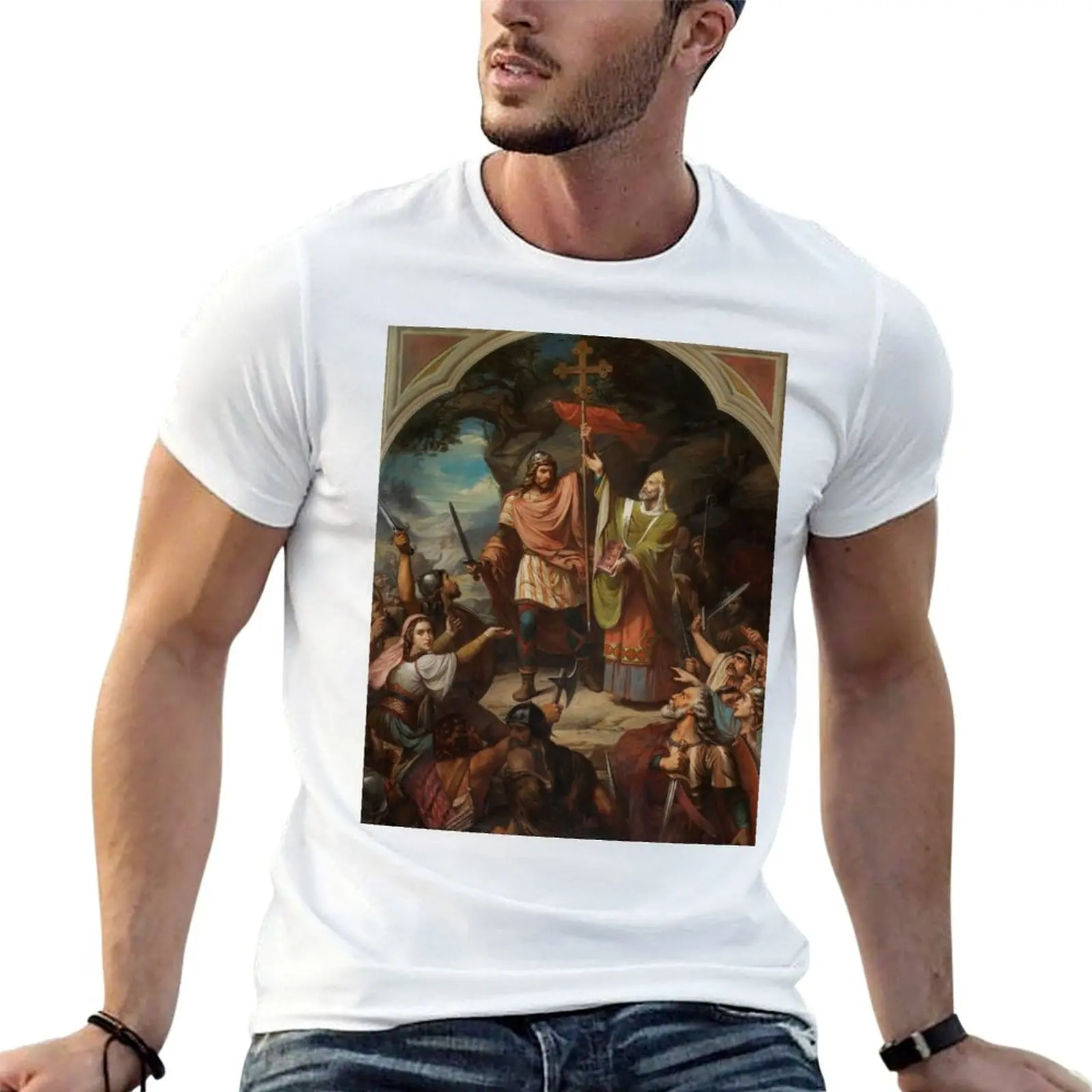 Camiseta con diseño gráfico de la Batalla de Covadonga (1855) de Luis de Madrazo, camisetas para hombre, camisetas de diseñador