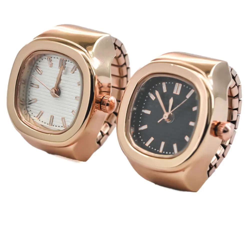 Fashionable Finger Ring Watch Square Dial Quartz Movement Alloy Band Creative Accessory For Students Couple Daily Wear