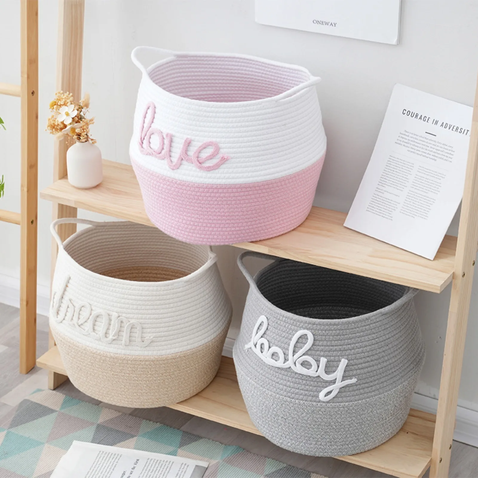 

Personalized Customized Big Belly Cotton Rope Woven Storage Basket Bedside Snacks Socks Clothes Sundries Dirty Clothes Basket