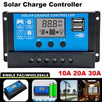 Solar Charge Controller 12V/24V PWM 10A 30A with Adjustable LCD Display Timer Setting LCD Display Dual USB 5VOutput PV Regulator