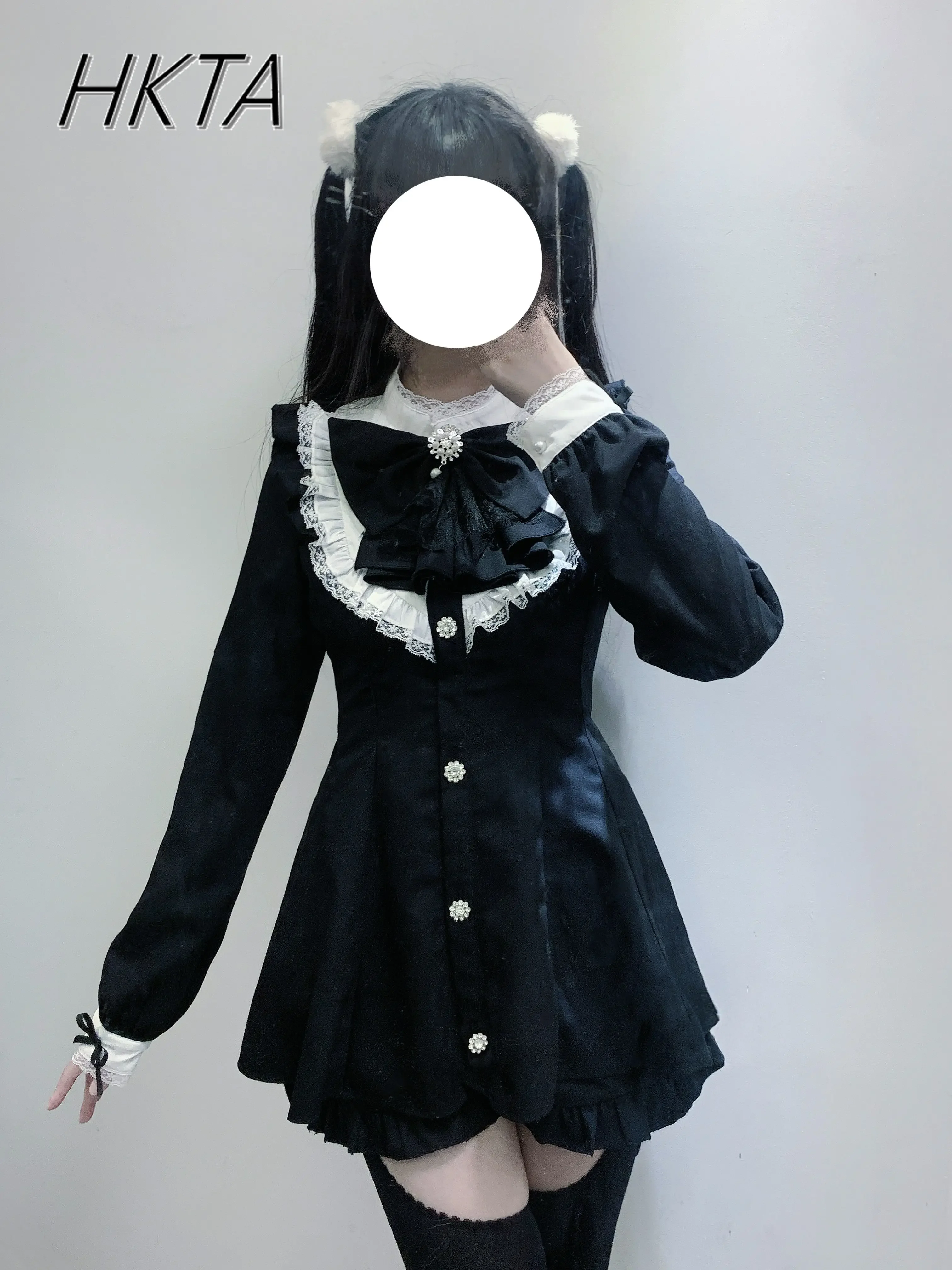

Japanese Lolita Original Ground Bud Mass Bow Long Sleeve Shirt Dress Color Matching Dress Shorts Two Piece Sets Womens Outifits