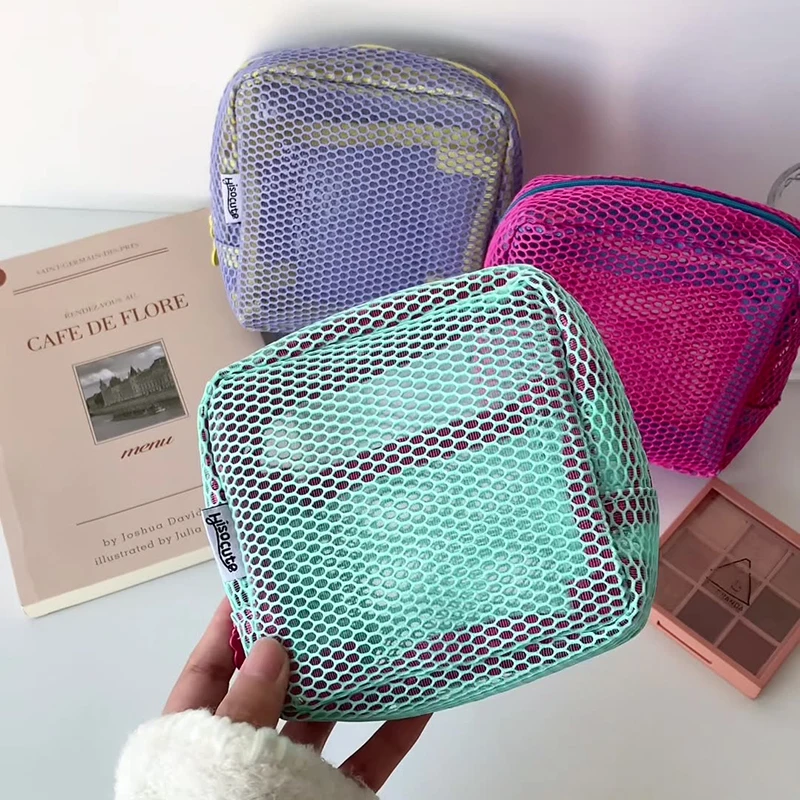 Square Mesh Cosmetic Bag, Portable Square Cosmetic Storage Bag With Zipper, Multi-purpose Sundries Storage Bag
