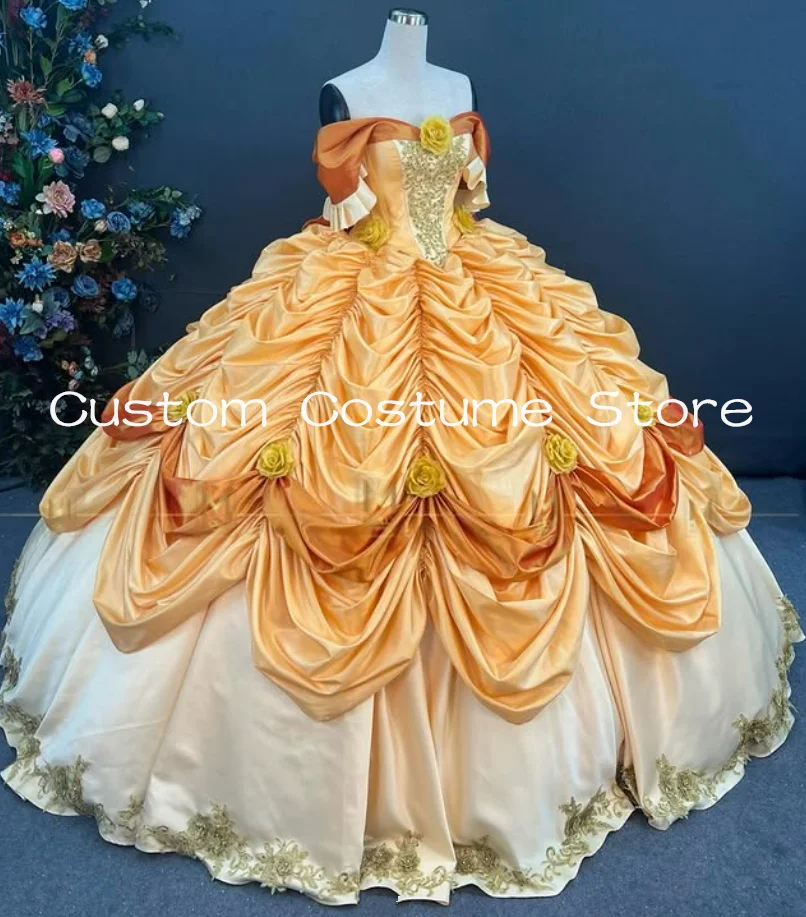 Viktorianisches Prinzessinnen-Ballkleid in Champagner-Gold, schulterfrei, mit Schnürkorsett, bauschiges Belle-Kostüm, Abendkleid, Cosplay, individuell anpassbar