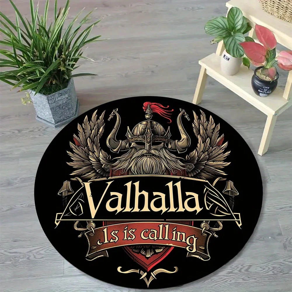 Viking Odin Totem Round Rug,  Non-Slip Mat, Valhalla Themed Decor for Office, Living Room, Lightweight Carpet