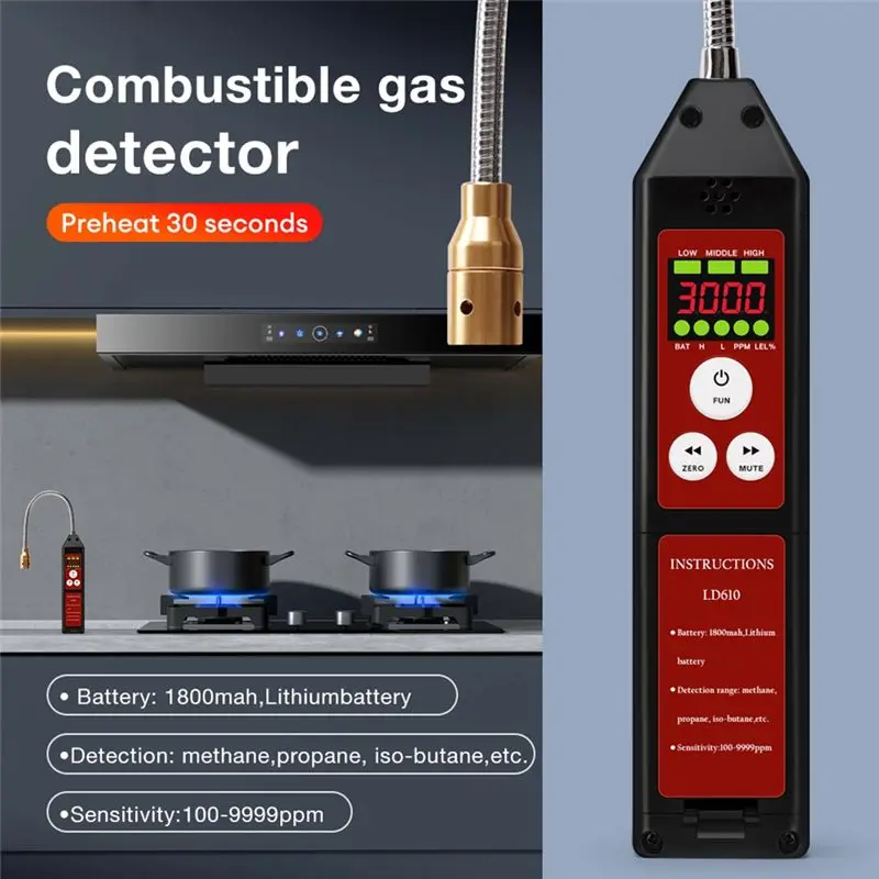 【NECESSITY】Sound Alarm Combustible Gas Leak Detector LD610 Methane C4H10 H2 100-9999Ppm Tester