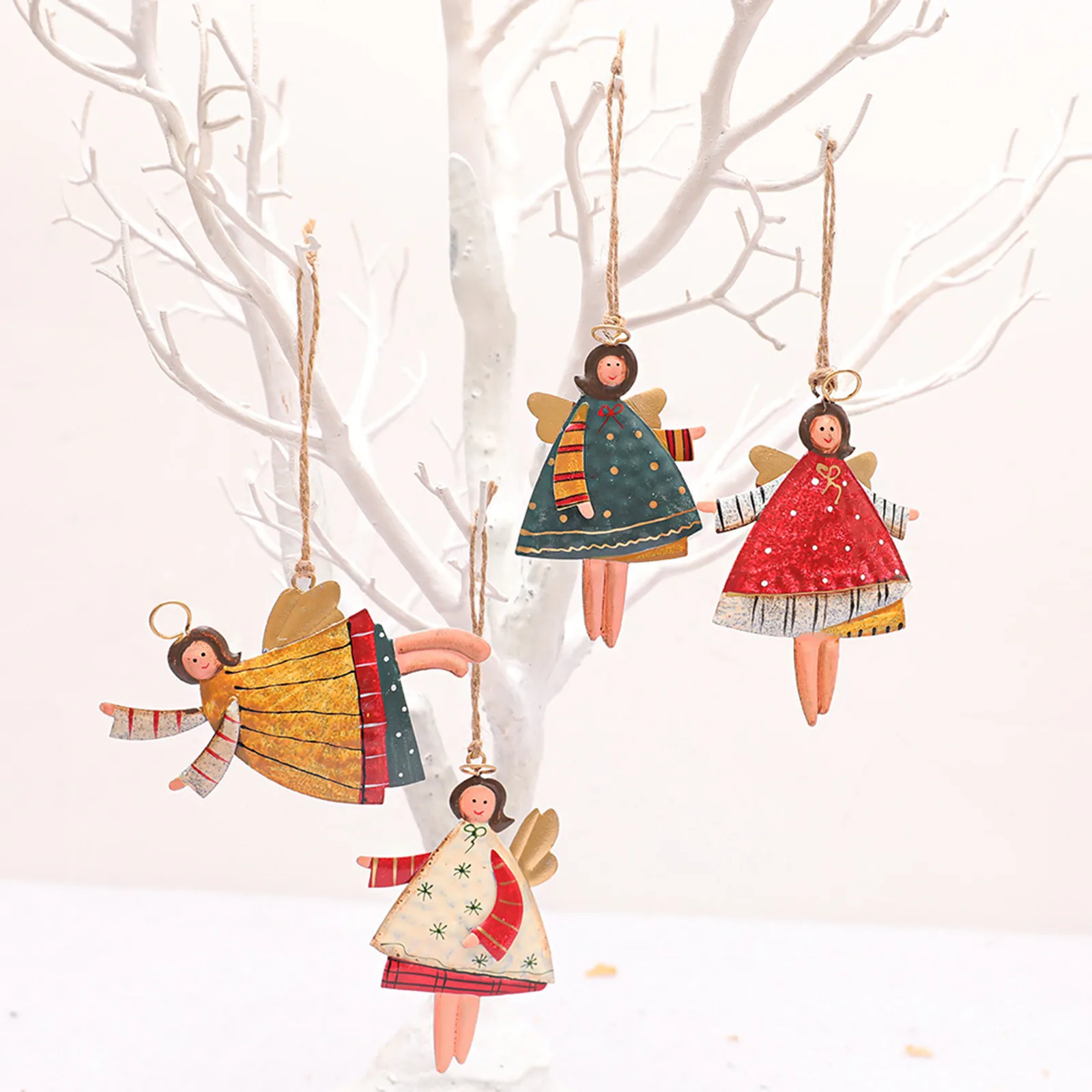 4 Pieces Christmas Metal Angle Tree Ornaments,Color Girl Small Angel With Hanging String For Christmas Tree Decorations