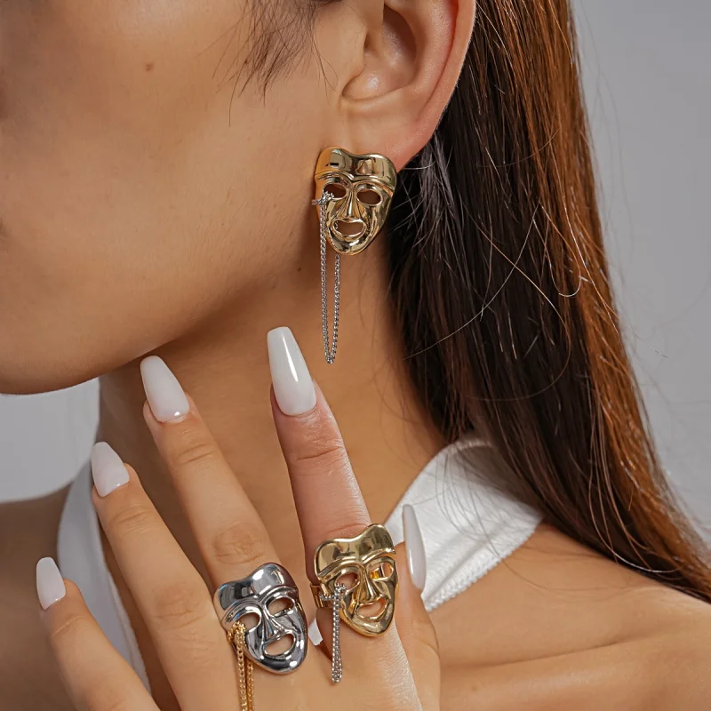 Theater Mask Face Tassel Chain Drop Earrings & Open Band Ring Jewelry Set for Women Avant-Garde Punk Abstract Sculptural Gold Si