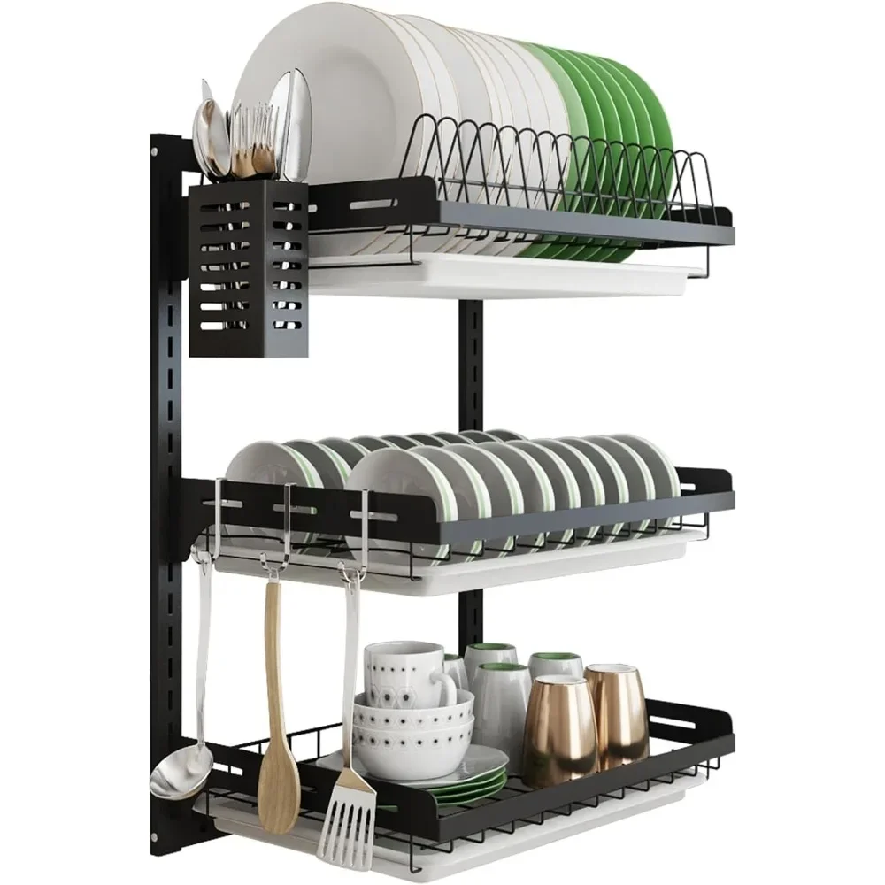 Wall Mount Dish Drying Rack, Stainless Steel Dish Racks for Kitchen, Rustproof Black Dish Drainer with Drain Tray, Hooks