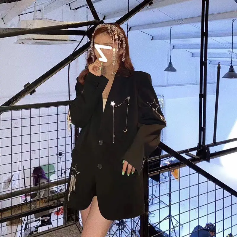 

Женская блузка серии K: весенняя, с бахромой, звездами, стразами и цепочками, для офиса, с длинным рукавом, свободного кроя, модная