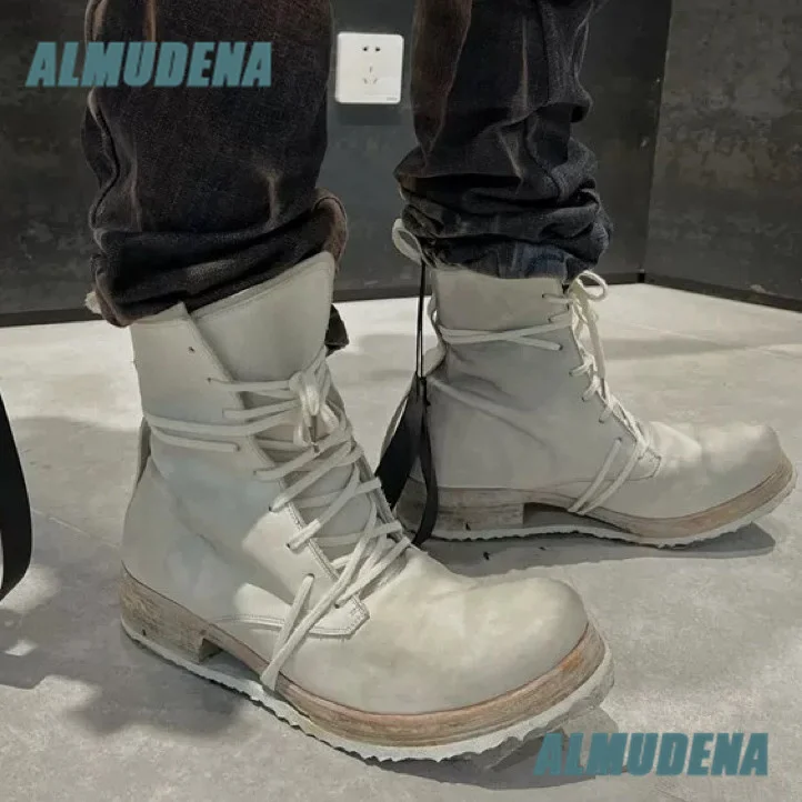 White Leather Multi Wrap Laces Motorcycle Boots Vintage Mid Calf Thick Sole Mid Calf Boots Luxury Designer Autumn Men's Boots