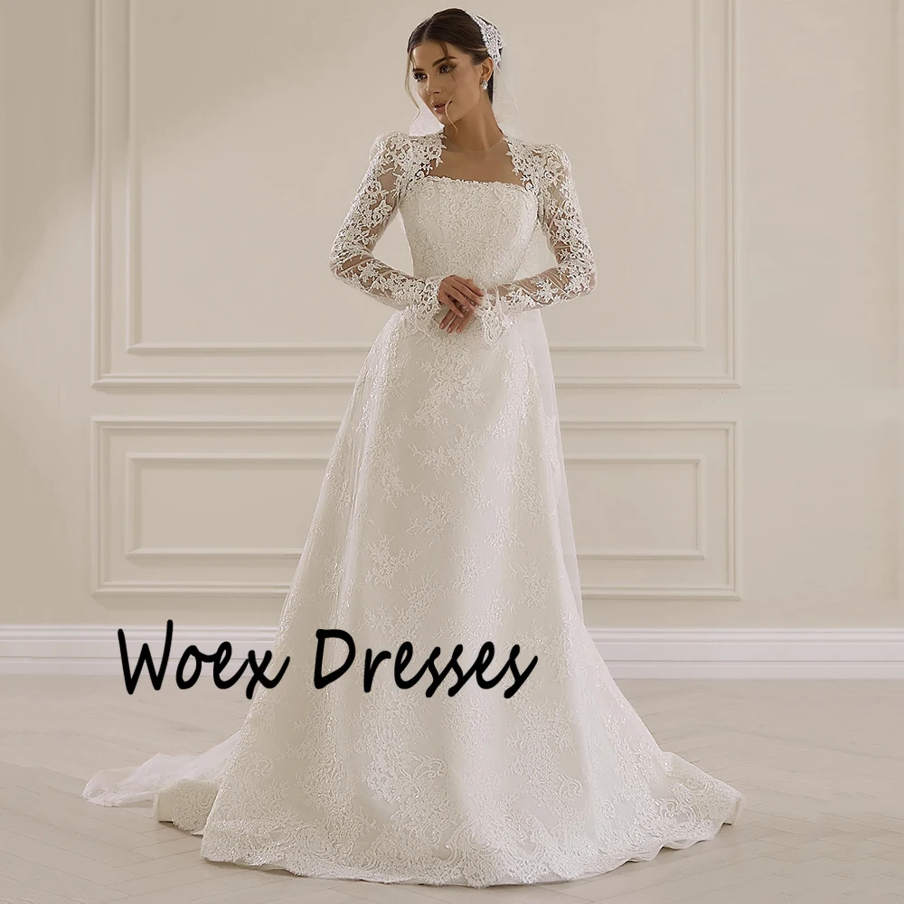 Abito da sposa bianco con scollo a O di lusso personalizzato ILLUSION Maniche lunghe in pizzo Watteau Train Party Dress A-line Abiti da ballo lunghi fino al pavimento