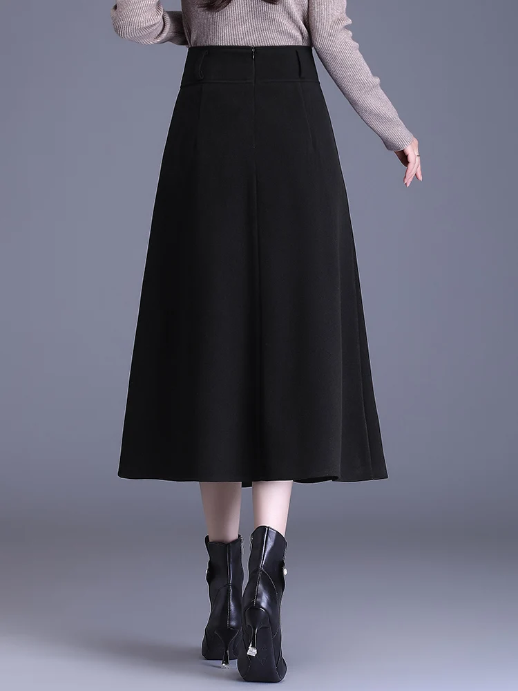 High Quality New A Line Skirt Women 2022 Fall Winter Pockets Black Brown Wool High Waist S-3XL Size Pleated Skirt Female 3042