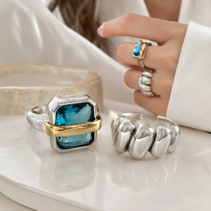 925 Silver Square Sapphire Ring Female Open Ring High-end Light Luxury Index Finger Ring Retro High-end Party Banquet Gift