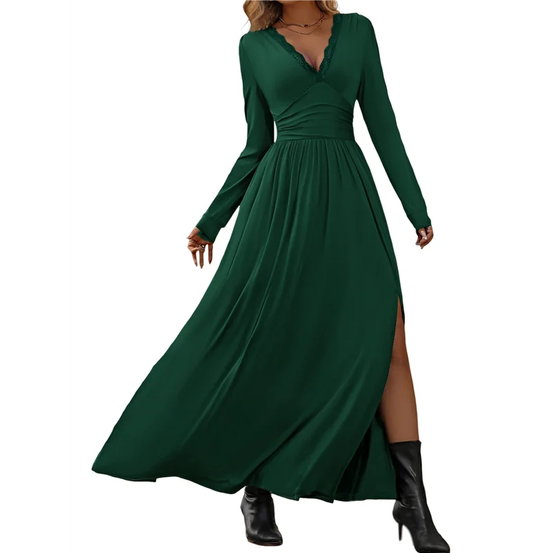 ASDS-Women Deep V Neck Long Sleeve Slit 2025 Fall Elegant Formal Wedding Evening Date Prom Maxi Long Dress