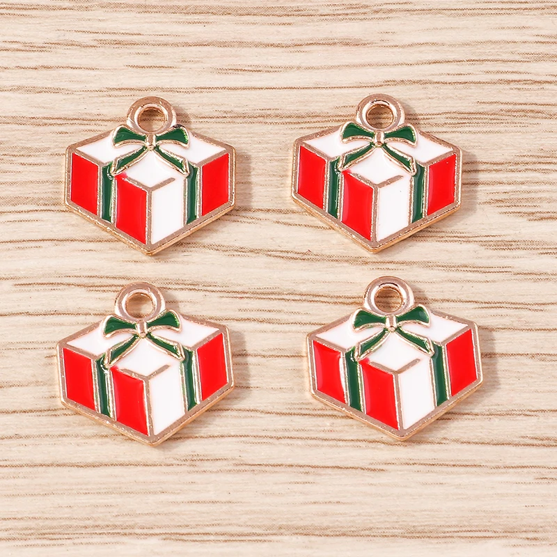 10 Stück 15x15mm Niedliche Emaille-Weihnachtsgeschenkbox-Anhänger für Schmuckherstellung, Ohrhänger, Halsketten, DIY-Bastelzubehör – Detail 4
