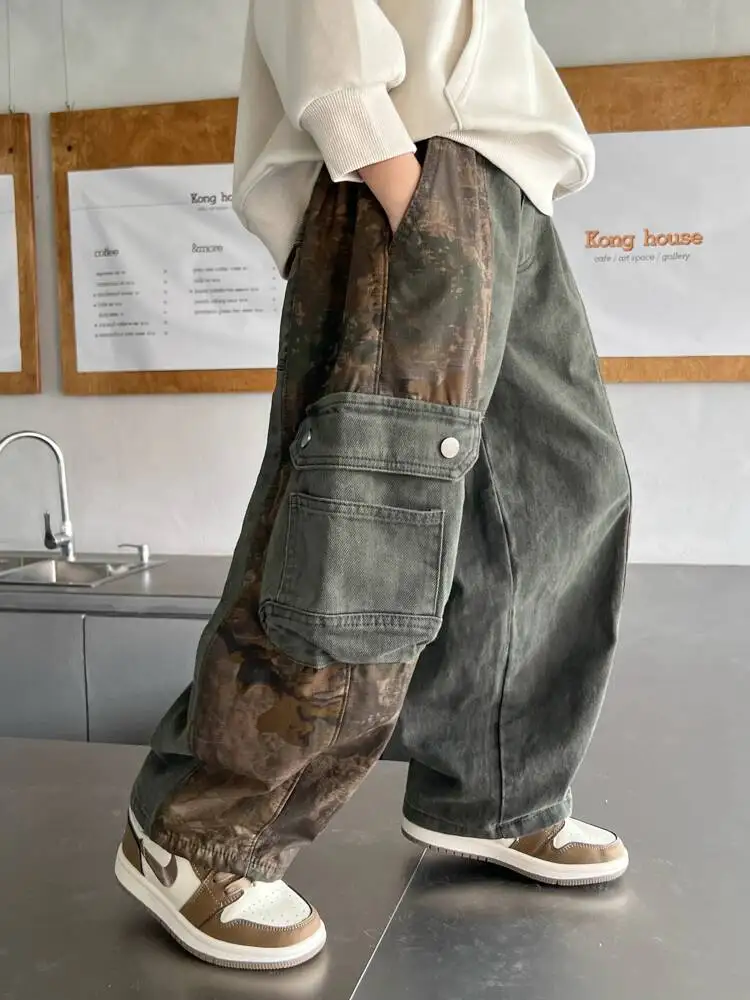 2025 New Autumn Wide Leg Cargo Pants Children's Loose Fall Trousers, Cool Trendy Street Style