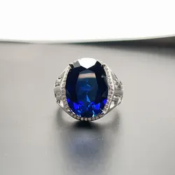Royal Blue Man Made Sapphire Ring for Men 13mm*18mm Blue Crysal 925 Silver Ring with 3 Layers 18K Gold Plating