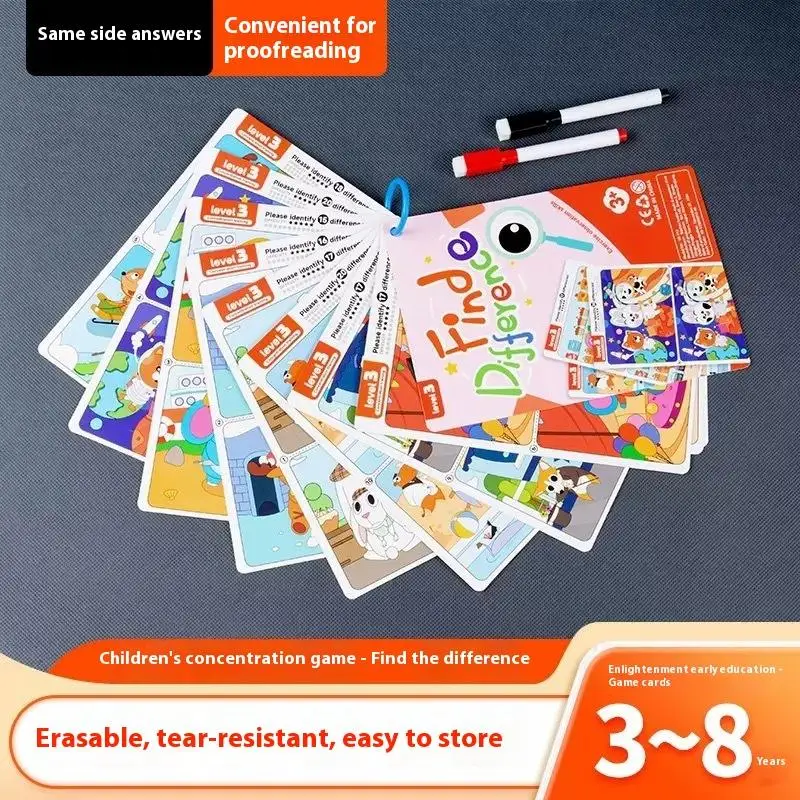 Juego de rompecabezas de entrenamiento de enfoque regrabable para niños, desarrollo del cerebro borrable, juego de juguetes para encontrar la diferencia