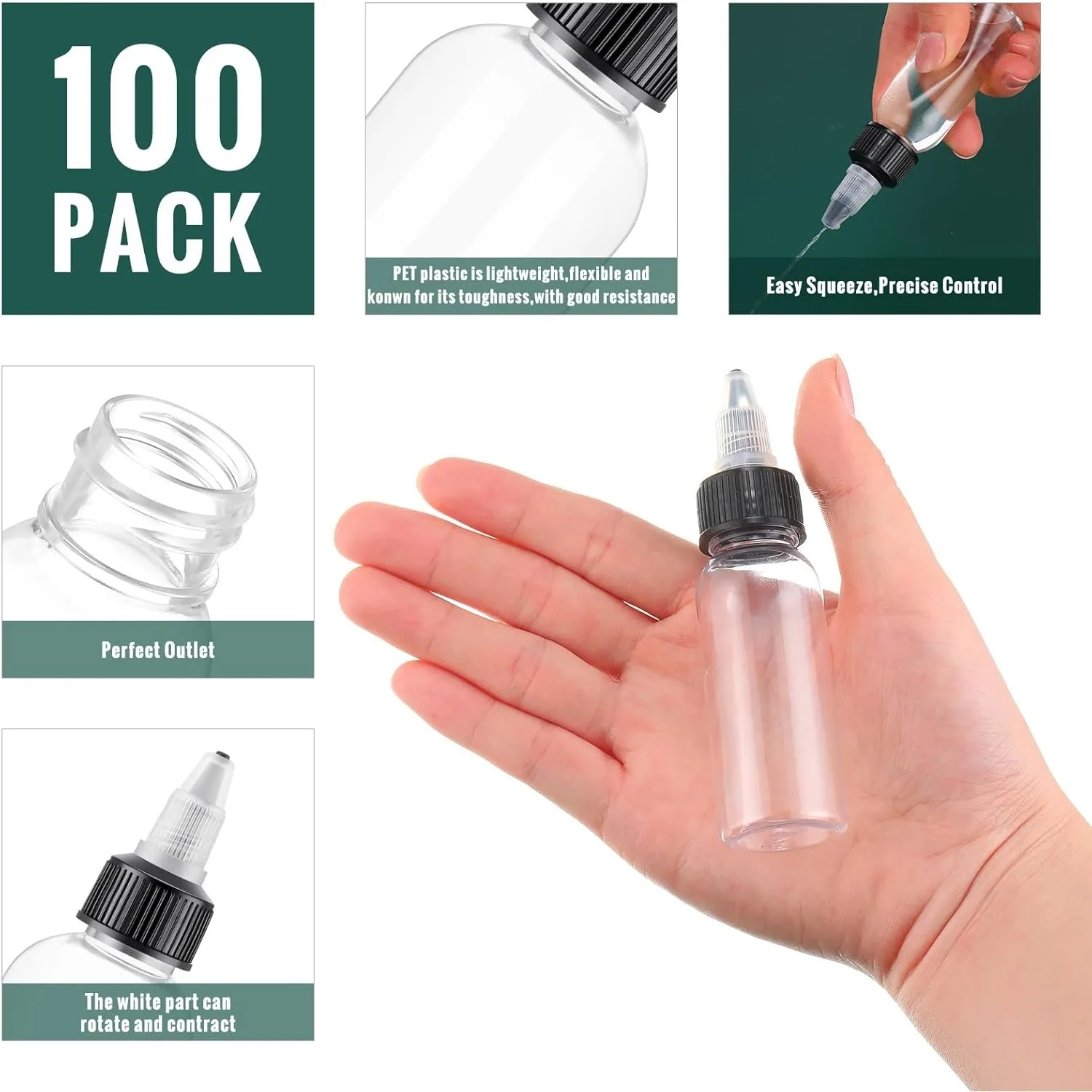 100 Stück 30/50/60ml durchsichtige Quetschflaschen mit Drehverschluss, leere kleine runde nachfüllbare Plastikflaschen für Öl und Flüssigkeiten – Detail 3