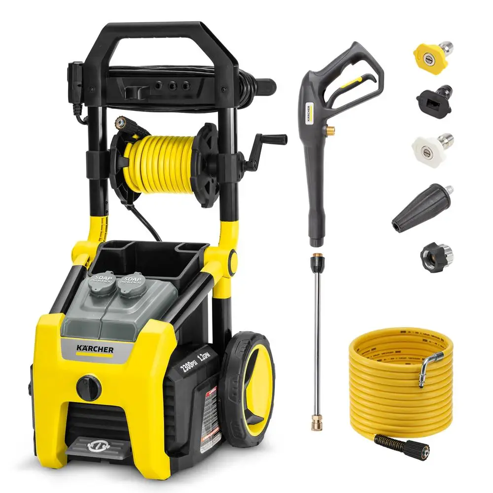 Electric Pressure Washer with Hose Reel Detergent Tank Start/Stop Foot Switch 4 Spray Nozzles 2300 PSI GPM Max Car Deck Cleaning