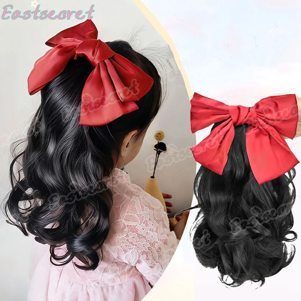 

Синтетический детский парик EAST, черный и красный бант, вьющиеся волосы, волнистая заколка для волос, зажим для хвоста, аксессуар для волос, весенний стиль зажима