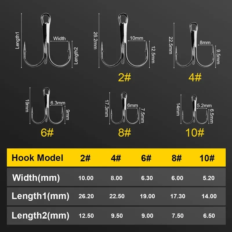 50Pcs /Box #2/#4/#6/#8/#10 Fishing Hook High Carbon Steel Treble Overturned Hooks Fishing Tackle Round Bend Treble For Bass