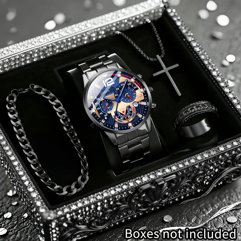 4pcs men's fashion quartz watch and accessory set, business fashion watch, perfect for daily commuting, perfect gift for friends