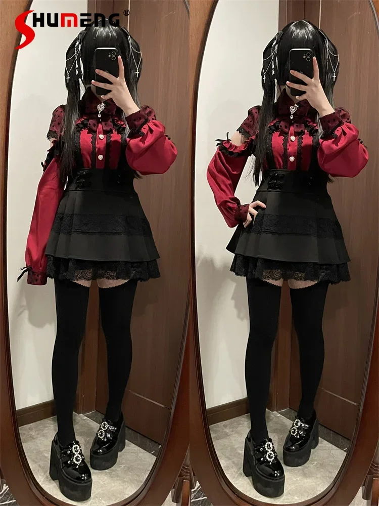 Japanese Mine Mass-Production Black and Pink Lolita Shirt Women Sweet Lace Bow Off-Shoulder Tops High Waist Shorts Skirt Set