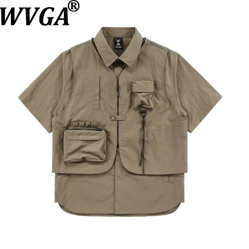 

WVGA Spring Summer New Men Design Fake Two-Piece Short Sleeve Shirts Outdoor Patchwork Safari Style High Street Punk Ins W11882
