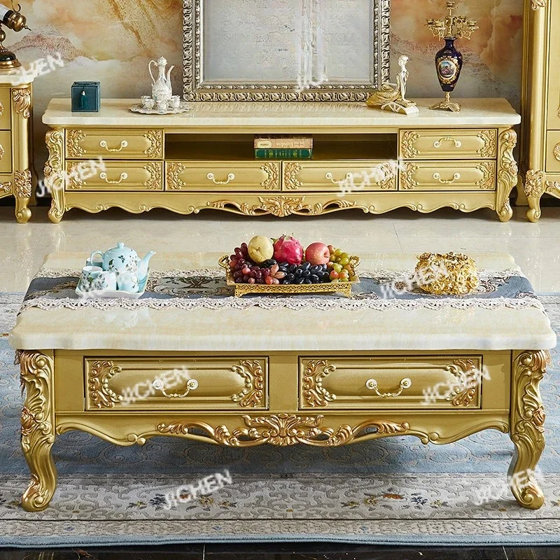 

XJC Мраморный журнальный столик Комбинированный шкаф для телевизора Золотой журнальный столик Маленькая квартира Французский напольный шкаф для хранения Светлый роскошный Furni