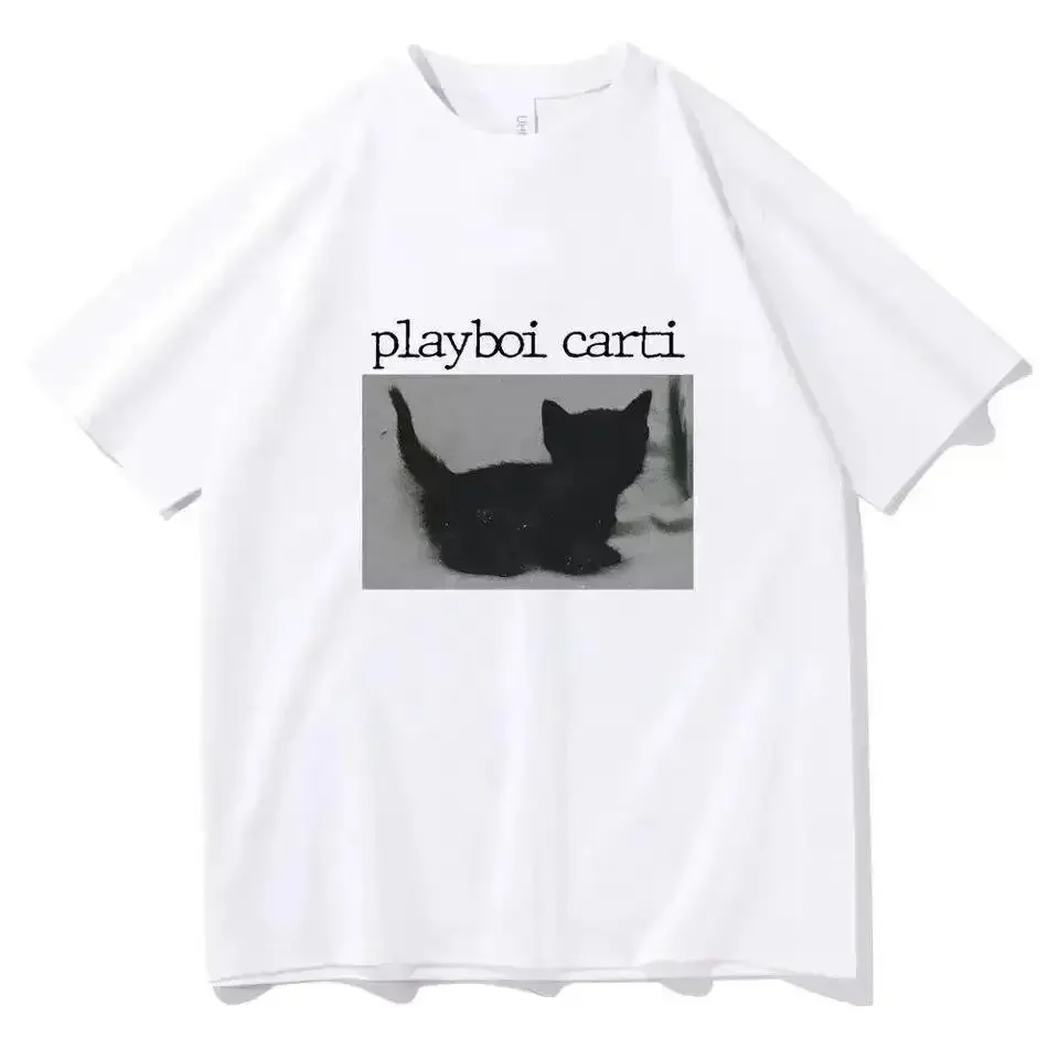 Summer Playboi Carti Oversized Hip-Hop T Shirts Cute Cat Harajuku Print Tee Regular Mens Tops Quality Rapper T Shirt Jogging Tee
