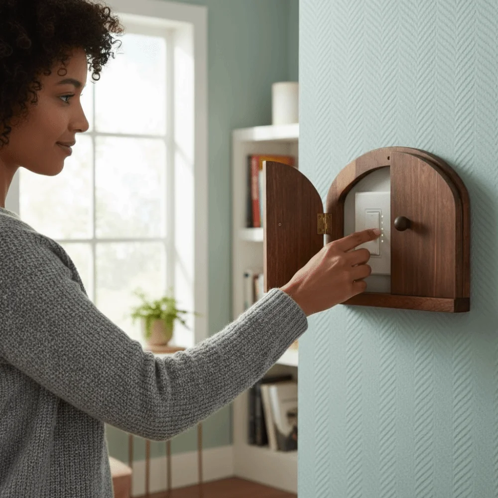 

Double Door Design Solid Wood Switch Cover Rustic Style Door Shape Outlet Cover Self adhesive Socket Protector Kitchen