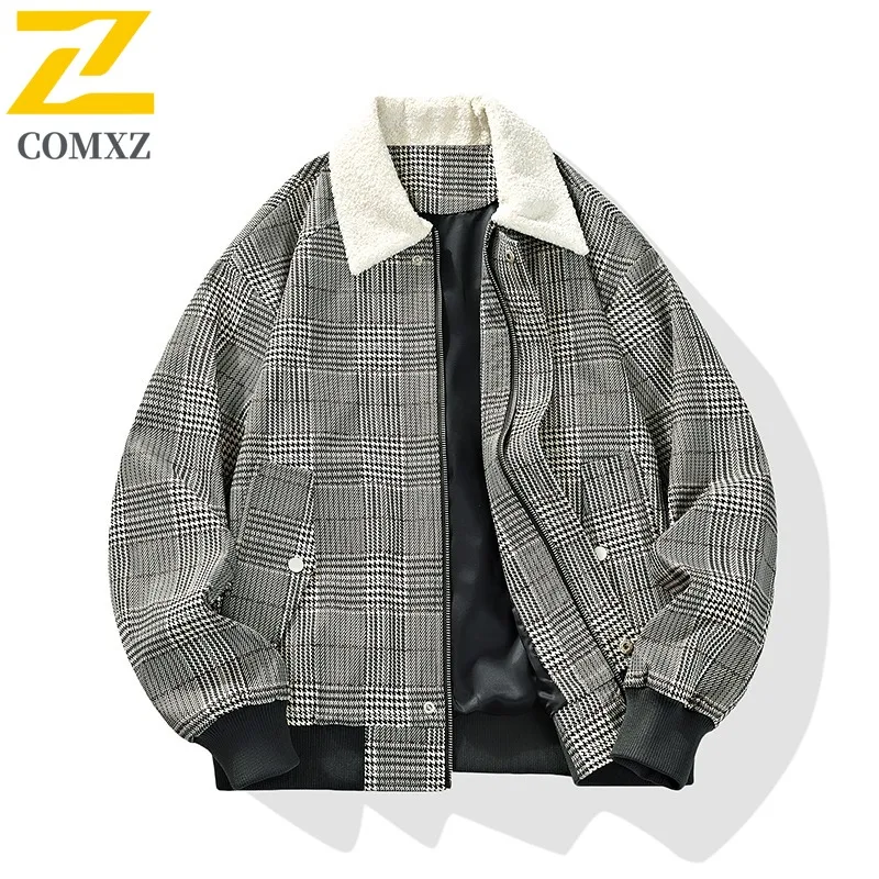 

COMXZ 2025, мужская и женская лоскутная куртка в корейском стиле с узором «гусиные лапки», рубашка, осеннее свободное пальто, винтажное пальто больших размеров