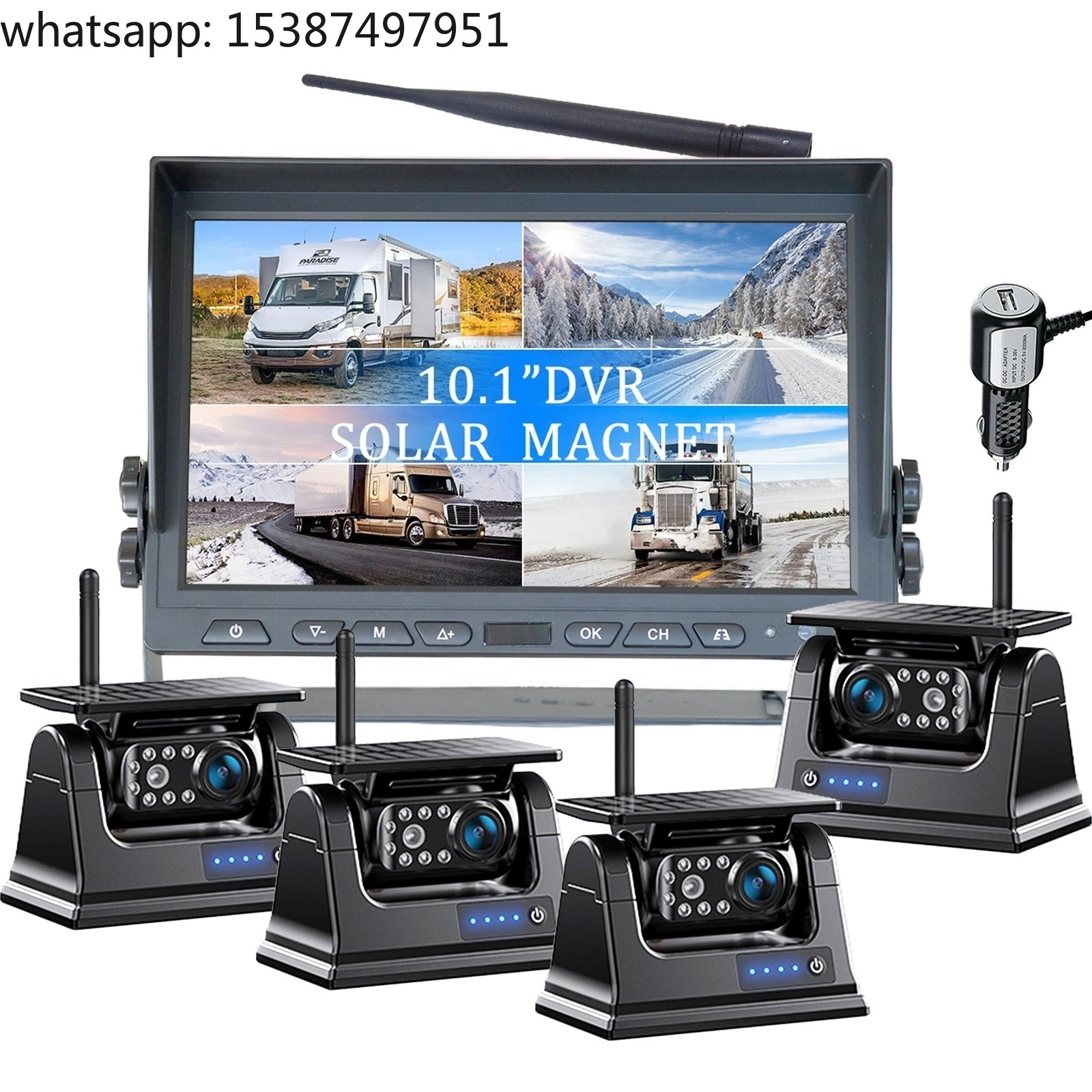 IPoster 10.1in 4CH Digital Wireless Quad View IPS Monitor Backup Reverse Magnetic Solar Rechargeable 9600mah Battery Cameras Kit