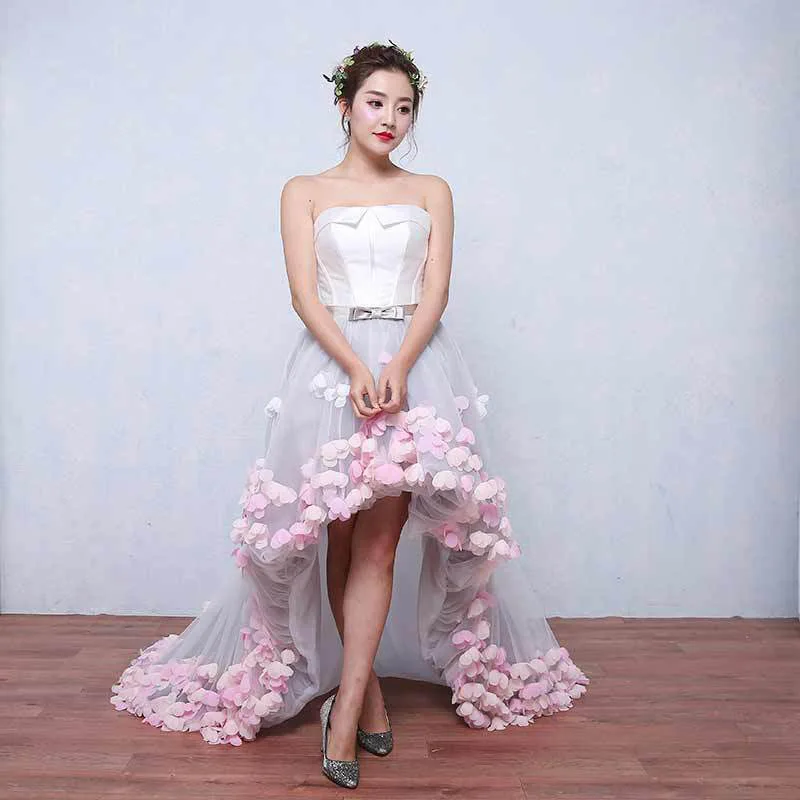 Summer New Romantic Handmade Flower Petal High/Low Long Trip Beach skirt Trailing Bride Wedding Dress свадебное платье