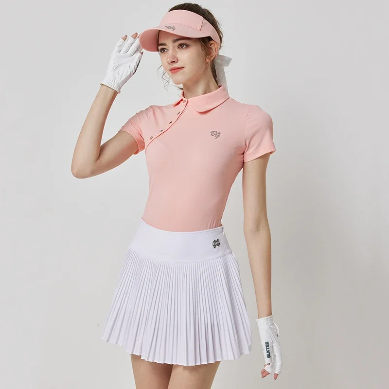 Blktee Women Short Sleeve Golf T-shirt Retro Stand Collar Top Lady Anti-light Pleated Skirt Soft High-waisted Culottes Golf Sets